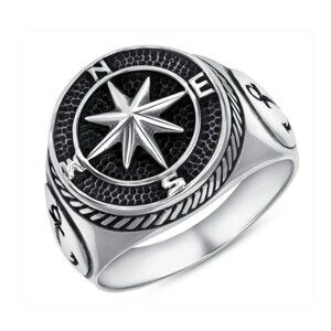 Sterling Silver 925 Oxidized Compass Men's Ring